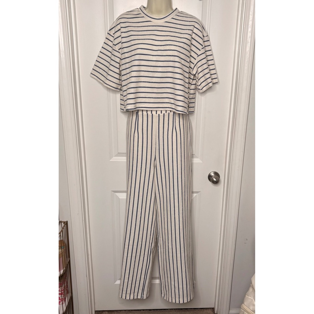 G&D Womens Striped Cropped Top and Wide Leg Lounge Set Blue White Large Nautical